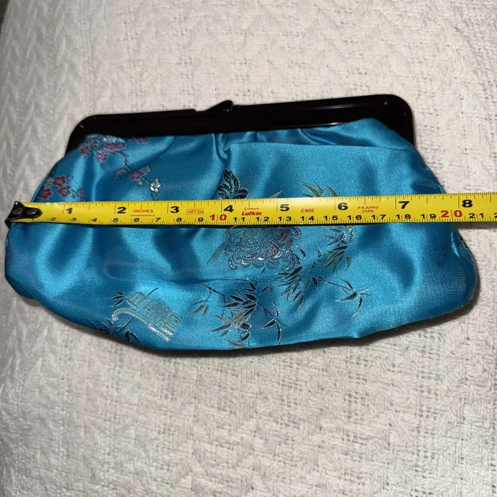 Vintage Kiss Lock Cosmetic Case Purse Bag Asian Colorful Satin Teal Blue Floral